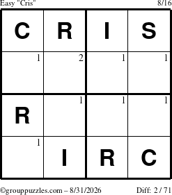 The grouppuzzles.com Easy Cris puzzle for Monday August 31, 2026 with the first 2 steps marked