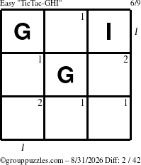The grouppuzzles.com Easy TicTac-GHI puzzle for Monday August 31, 2026 with all 2 steps marked
