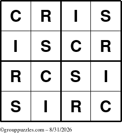 The grouppuzzles.com Answer grid for the Cris puzzle for Monday August 31, 2026