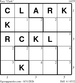 The grouppuzzles.com Easy Clark puzzle for Monday August 31, 2026, suitable for printing, with all 4 steps marked