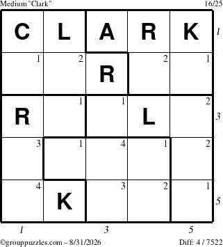 The grouppuzzles.com Medium Clark puzzle for Monday August 31, 2026, suitable for printing, with all 4 steps marked