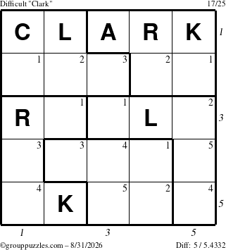 The grouppuzzles.com Difficult Clark puzzle for Monday August 31, 2026 with all 5 steps marked