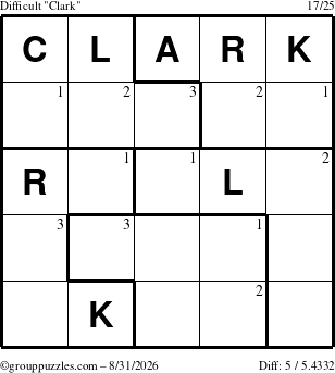 The grouppuzzles.com Difficult Clark puzzle for Monday August 31, 2026 with the first 3 steps marked