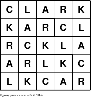 The grouppuzzles.com Answer grid for the Clark puzzle for Monday August 31, 2026
