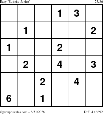 The grouppuzzles.com Easy Sudoku-Junior puzzle for Monday August 31, 2026