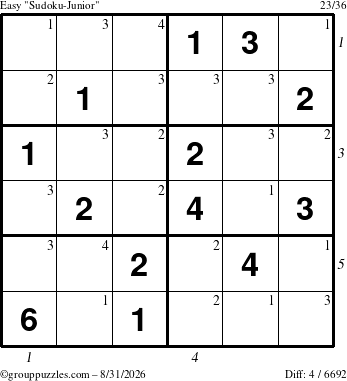 The grouppuzzles.com Easy Sudoku-Junior puzzle for Monday August 31, 2026, suitable for printing, with all 4 steps marked