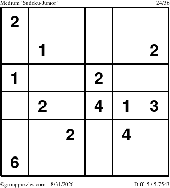 The grouppuzzles.com Medium Sudoku-Junior puzzle for Monday August 31, 2026