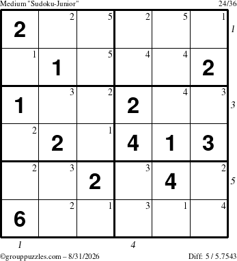 The grouppuzzles.com Medium Sudoku-Junior puzzle for Monday August 31, 2026 with all 5 steps marked