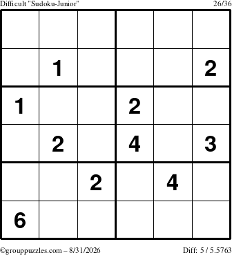 The grouppuzzles.com Difficult Sudoku-Junior puzzle for Monday August 31, 2026