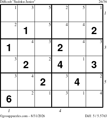 The grouppuzzles.com Difficult Sudoku-Junior puzzle for Monday August 31, 2026 with all 5 steps marked