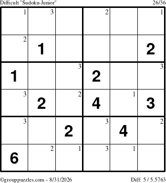 The grouppuzzles.com Difficult Sudoku-Junior puzzle for Monday August 31, 2026 with the first 3 steps marked