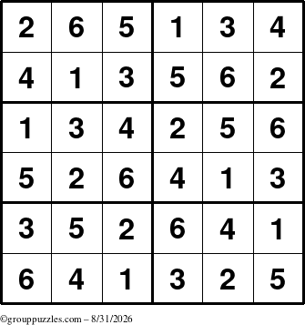 The grouppuzzles.com Answer grid for the Sudoku-Junior puzzle for Monday August 31, 2026