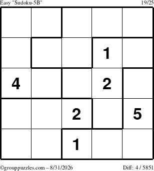 The grouppuzzles.com Easy Sudoku-5B puzzle for Monday August 31, 2026