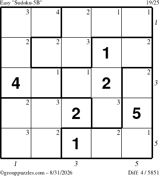 The grouppuzzles.com Easy Sudoku-5B puzzle for Monday August 31, 2026, suitable for printing, with all 4 steps marked