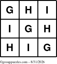 The grouppuzzles.com Answer grid for the TicTac-GHI puzzle for Monday August 31, 2026