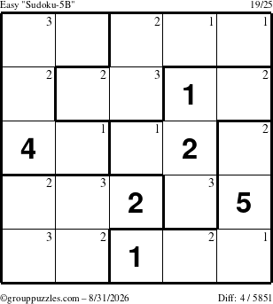 The grouppuzzles.com Easy Sudoku-5B puzzle for Monday August 31, 2026 with the first 3 steps marked