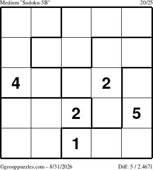 The grouppuzzles.com Medium Sudoku-5B puzzle for Monday August 31, 2026