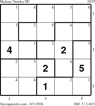 The grouppuzzles.com Medium Sudoku-5B puzzle for Monday August 31, 2026, suitable for printing, with all 5 steps marked