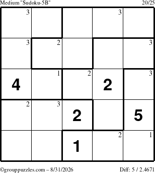 The grouppuzzles.com Medium Sudoku-5B puzzle for Monday August 31, 2026 with the first 3 steps marked