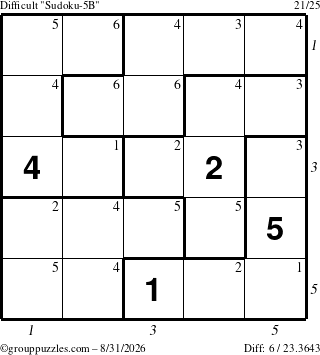 The grouppuzzles.com Difficult Sudoku-5B puzzle for Monday August 31, 2026 with all 6 steps marked