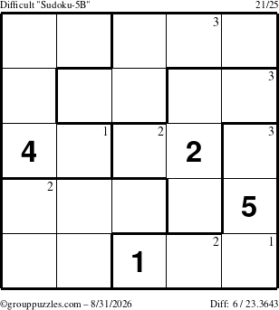 The grouppuzzles.com Difficult Sudoku-5B puzzle for Monday August 31, 2026 with the first 3 steps marked