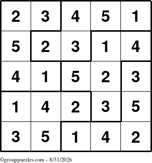 The grouppuzzles.com Answer grid for the Sudoku-5B puzzle for Monday August 31, 2026