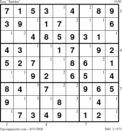 The grouppuzzles.com Easy Sudoku puzzle for Monday August 31, 2026, suitable for printing, with all 3 steps marked