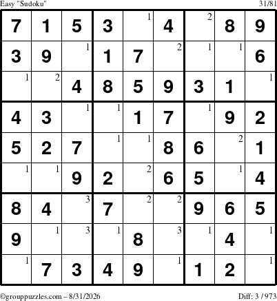 The grouppuzzles.com Easy Sudoku puzzle for Monday August 31, 2026 with the first 3 steps marked