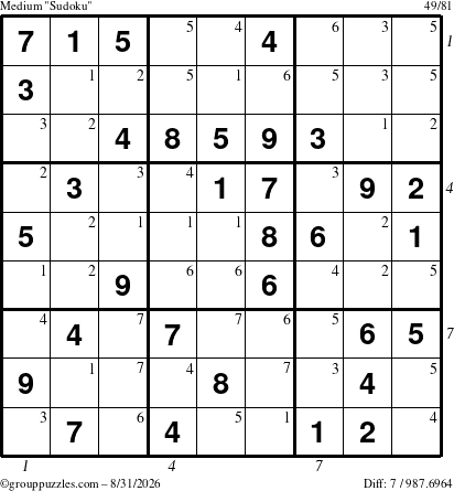 The grouppuzzles.com Medium Sudoku puzzle for Monday August 31, 2026, suitable for printing, with all 7 steps marked