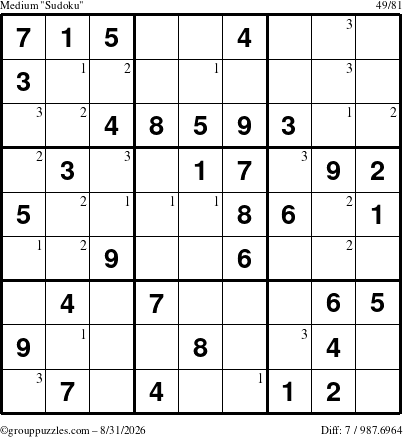 The grouppuzzles.com Medium Sudoku puzzle for Monday August 31, 2026 with the first 3 steps marked