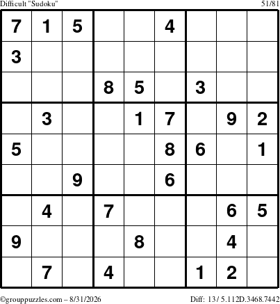 The grouppuzzles.com Difficult Sudoku puzzle for Monday August 31, 2026