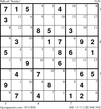 The grouppuzzles.com Difficult Sudoku puzzle for Monday August 31, 2026 with all 13 steps marked