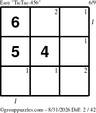 The grouppuzzles.com Easy TicTac-456 puzzle for Monday August 31, 2026 with all 2 steps marked