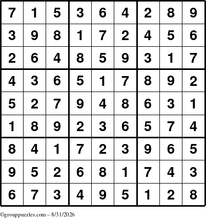 The grouppuzzles.com Answer grid for the Sudoku puzzle for Monday August 31, 2026
