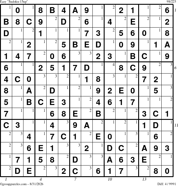 The grouppuzzles.com Easy Sudoku-15up puzzle for Monday August 31, 2026 with all 4 steps marked
