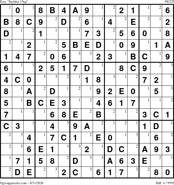 The grouppuzzles.com Easy Sudoku-15up puzzle for Monday August 31, 2026 with the first 3 steps marked