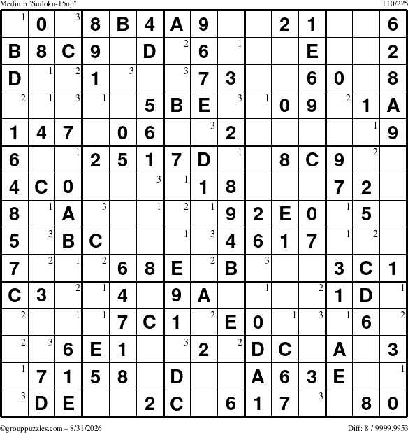 The grouppuzzles.com Medium Sudoku-15up puzzle for Monday August 31, 2026 with the first 3 steps marked