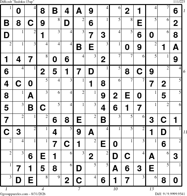 The grouppuzzles.com Difficult Sudoku-15up puzzle for Monday August 31, 2026, suitable for printing, with all 9 steps marked