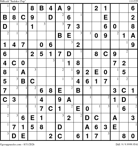The grouppuzzles.com Difficult Sudoku-15up puzzle for Monday August 31, 2026 with the first 3 steps marked