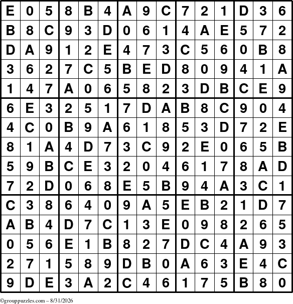 The grouppuzzles.com Answer grid for the Sudoku-15up puzzle for Monday August 31, 2026