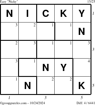 The grouppuzzles.com Easy Nicky puzzle for Thursday October 24, 2024 with all 4 steps marked