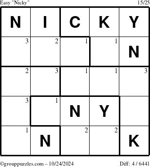 The grouppuzzles.com Easy Nicky puzzle for Thursday October 24, 2024 with the first 3 steps marked