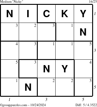 The grouppuzzles.com Medium Nicky puzzle for Thursday October 24, 2024 with all 5 steps marked