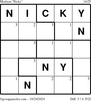 The grouppuzzles.com Medium Nicky puzzle for Thursday October 24, 2024 with the first 3 steps marked