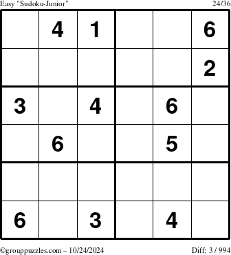 The grouppuzzles.com Easy Sudoku-Junior puzzle for Thursday October 24, 2024