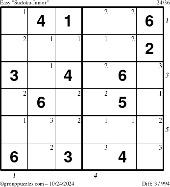 The grouppuzzles.com Easy Sudoku-Junior puzzle for Thursday October 24, 2024 with all 3 steps marked