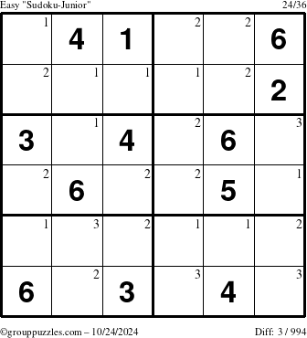 The grouppuzzles.com Easy Sudoku-Junior puzzle for Thursday October 24, 2024 with the first 3 steps marked