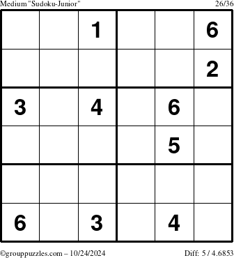 The grouppuzzles.com Medium Sudoku-Junior puzzle for Thursday October 24, 2024