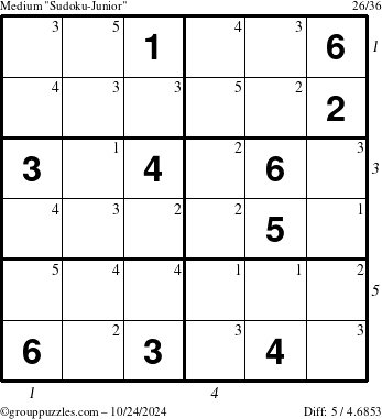 The grouppuzzles.com Medium Sudoku-Junior puzzle for Thursday October 24, 2024 with all 5 steps marked