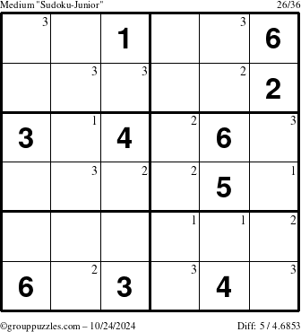 The grouppuzzles.com Medium Sudoku-Junior puzzle for Thursday October 24, 2024 with the first 3 steps marked